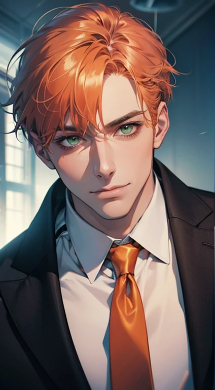 (Highest quality,4K,8K,High resolution,masterpiece:1.2),Super detailed,(Realistic,photoRealistic,photo-Realistic:1.37),1 personld,Mature Men,Beautiful skin、very handsome,Expressionless smile in love,Short orange hair,green eyes,Sharp Eyes,A perfect face without a doubt,Businessman, CEO, Office Background,Cinema Lighting,HDR image,tie、