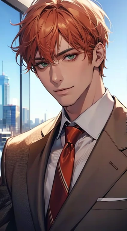 (Highest quality,4K,8K,High resolution,masterpiece:1.2),Super detailed,(Realistic,photoRealistic,photo-Realistic:1.37),1 personld,Mature Men,Beautiful skin、very handsome,Expressionless smile in love,Short orange hair,green eyes,Sharp Eyes,A perfect face without a doubt,Businessman, CEO, Office Background,Cinema Lighting,HDR image,tie、