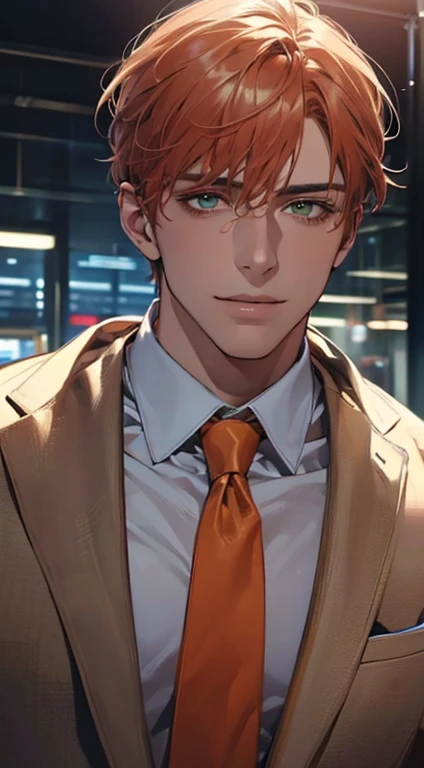 (Highest quality,4K,8K,High resolution,masterpiece:1.2),Super detailed,(Realistic,photoRealistic,photo-Realistic:1.37),1 personld,Mature Men,Beautiful skin、very handsome,Expressionless smile in love,Short orange hair,green eyes,Sharp Eyes,A perfect face without a doubt,Businessman, CEO, Office Background,Cinema Lighting,HDR image,tie、