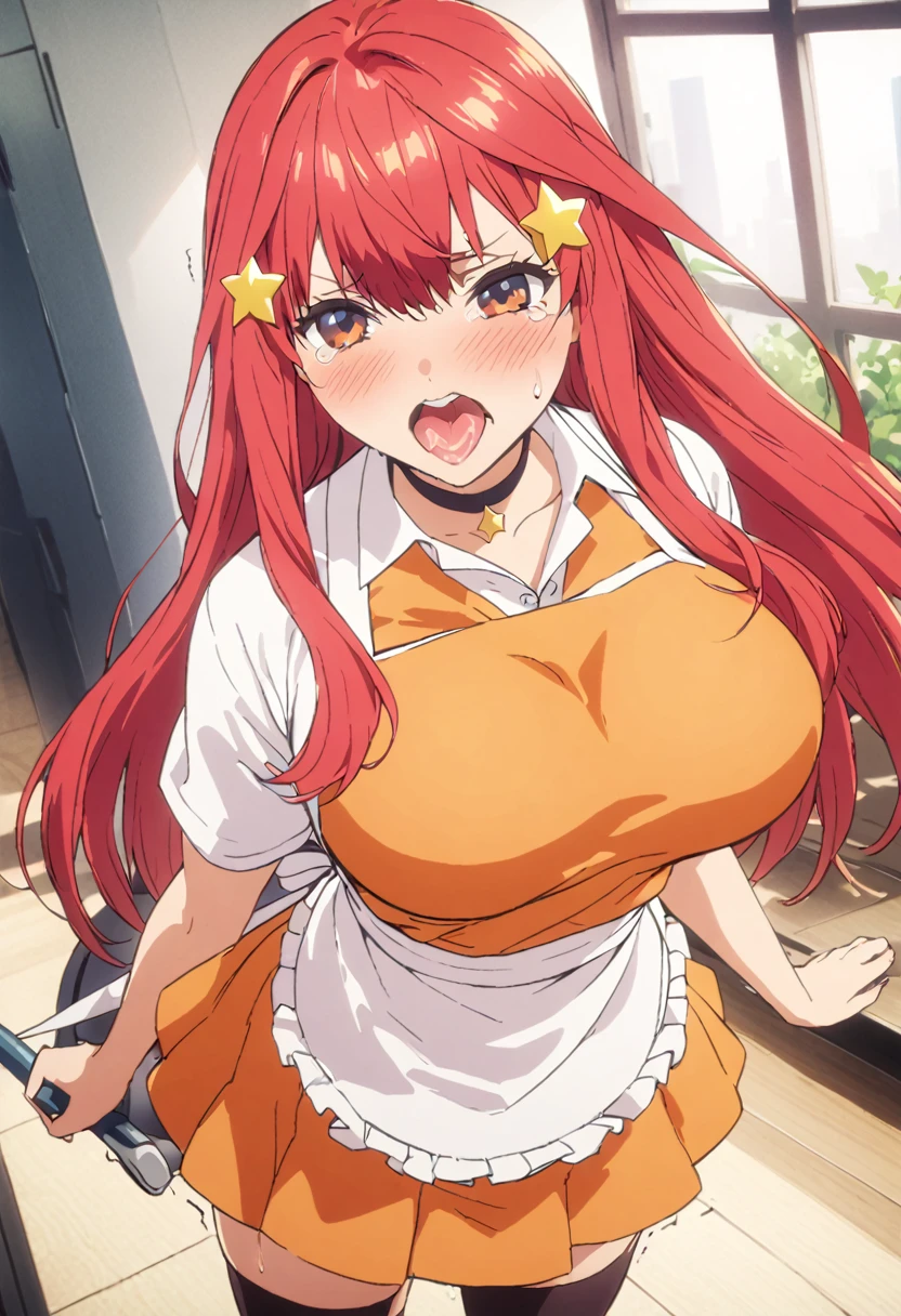 (Highest quality, 4K, 8k, High resolution, masterpiece:1.2), Very detailed, Picturesque, Animated Photography, Photo Animation:1.37)、Japanese schoolgirl、(Red Hair)、(Long Hair)、(yellow star hair ornament)、(waitress, apron,large breasts, orange skirt, (white shirt:1.05),ribon, thighhighs:1.1)、Black choker、Ecstasy face、Sweat、Are crying、vapor、trembling、Nakano May
