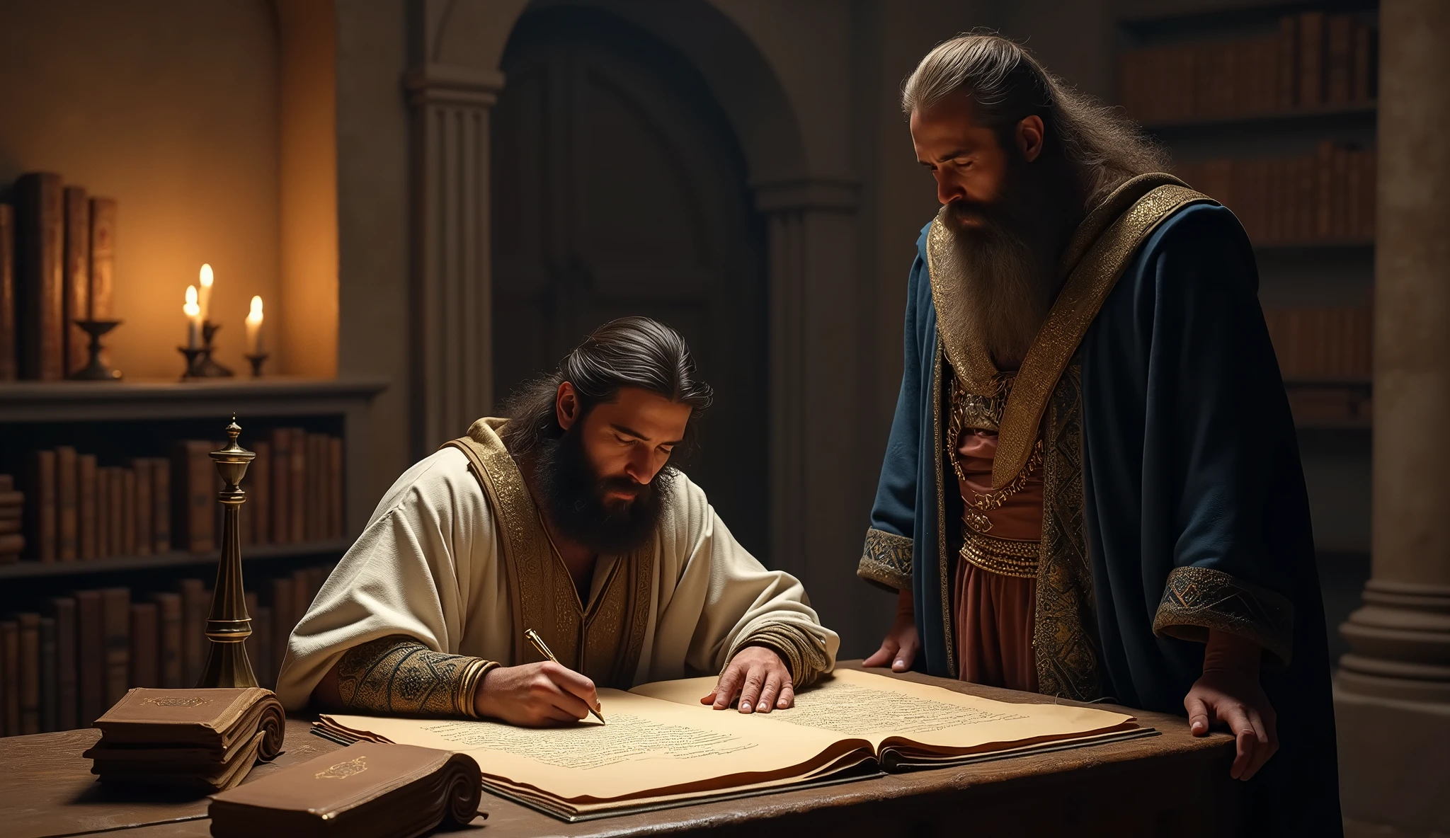 Crie uma imagem hiper-realista e misteriosa de um escriba no palácio de Solomon, sitting in a quiet room, onde ele está copiando cuidadosamente o conteúdo de um pergaminho intitulado 'Os Segredos Financeiros de Solomon'. The scribe, dressed in a simple linen tunic, works in the soft light of a lamp, while in the background, other scrolls and books are stacked on a shelf. Solomon, dressed in a dark blue wool tunic with gold details, enters the room and observes the scribe with an expression of approval. The golden light of the lamp should create an atmosphere of focus and importance., suggesting that written knowledge is something that should not be lost.