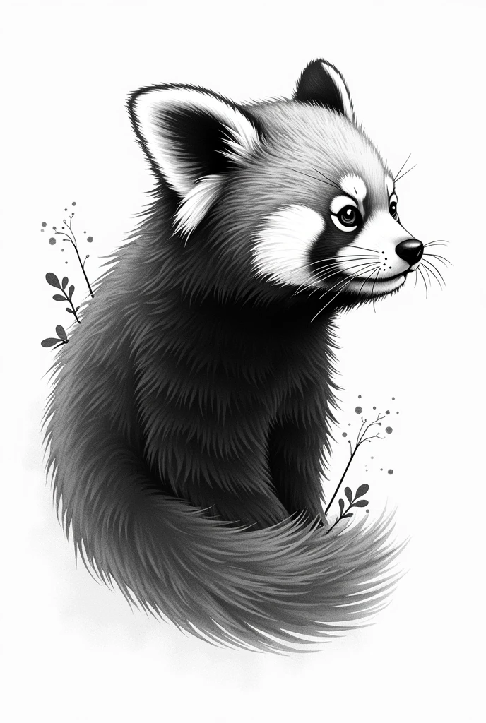 Make a design for a red panda tattoo, estilo Blake work, black andwhite, make it sideways showing the side of the body