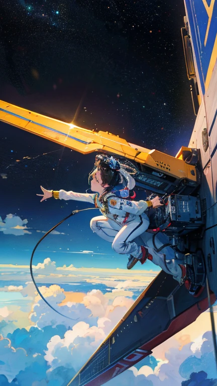 (((masterpiece))), (((Highest quality))), ((Very detailed)), (Highly detailed CG illustrations), ((Very delicate and beautiful)),(From the side),Cinematic Light,A girl climbs into the cockpit、Black Hair、long、Boarding a small spaceship，In the cockpit，Starry Sky, Big Clouds,colored glaze,Golden Universe，Space Station、Preparing for takeoff、Spacesuit、Aiming for Andromeda、Toa Heavy Industries decals、Lonely smile，A cable connects the body to a small spacecraft、Close the hatch，Complex Instrumentation