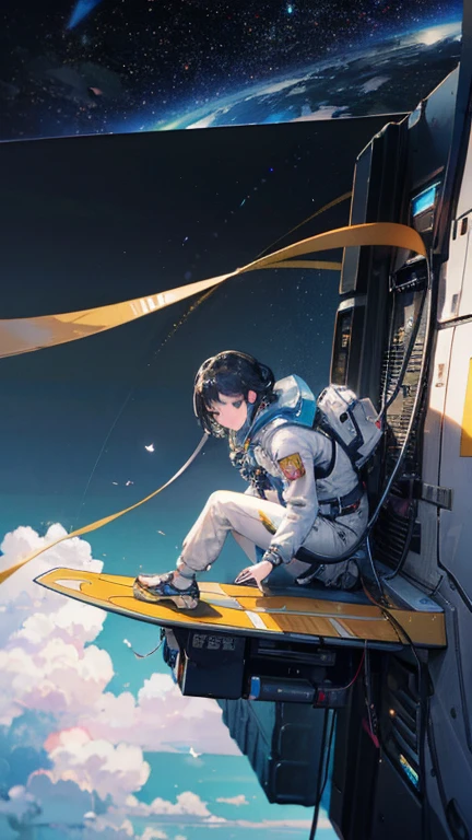 (((masterpiece))), (((Highest quality))), ((Very detailed)), (Highly detailed CG illustrations), ((Very delicate and beautiful)),(From the side),Cinematic Light,A girl climbs into the cockpit、Black Hair、long、Boarding a small spaceship，In the cockpit，Starry Sky, Big Clouds,colored glaze,Golden Universe，Space Station、Preparing for takeoff、Spacesuit、Aiming for Andromeda、Toa Heavy Industries decals、Lonely smile，A cable connects the body to a small spacecraft、Close the hatch，Complex Instrumentation