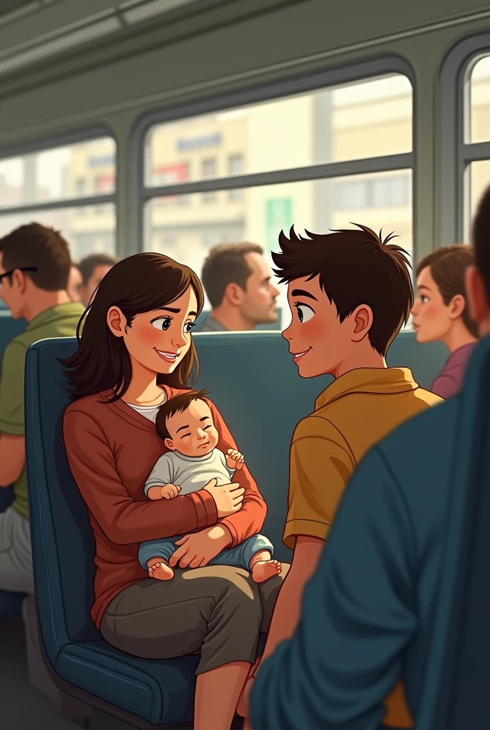 illustration. 8--old  giving up his seat to a woman with a baby on bus. 