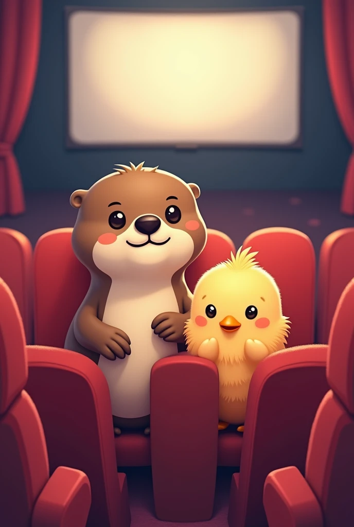 An otter and a chick in the cinema and drawn in 2d as simple emojis