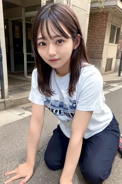 (skin blemish:0.8), (skindentation), black eye, 1woman, 25yo, (((woman))), solo, realistic, best quality, photorealistic, masterpiece, 8k, high res, solo, extremely detailed face, (professional lighting, bokeh), (light particles, lens flare, glowing particles:0.6), (dynamic pose:0.8), soft lighting, top angle view, fashionable and trendy atmosphere, Japan, tokyo, playground, street, city, shop, river, ((daytime)), sky, ((looking at the viewer:1)), (looking at the camera),(portrait:0.6), cowboy shot, gorgeous, sitting, hands down, keep original facial proportion, wide shoulder, full body, (medium breast), (long hair), brown hair, floating hair, lips, lipstick, seductive smile, floating hair, smile, open_mouth, teeth, T-shirt, round neck T shirt, shorts, jeans, eyelashes, mole, (mole under eye:1),