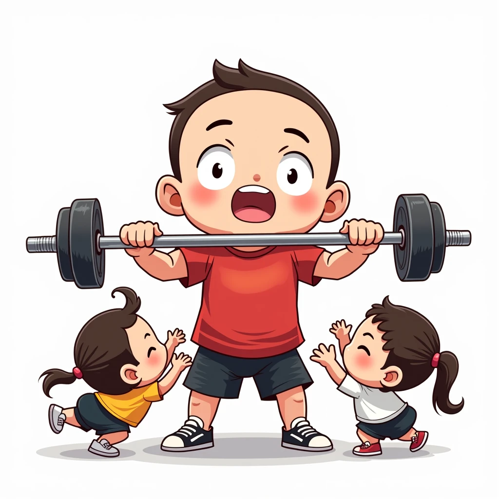 chibi manga art style, best quality, masterpiece, full body image of 25 year old man, wearing red tshirt and black shorts, (lifts barbell), four adult friends cheering him on, perfect fingers, perfect hands, perfect face, perfection, white background