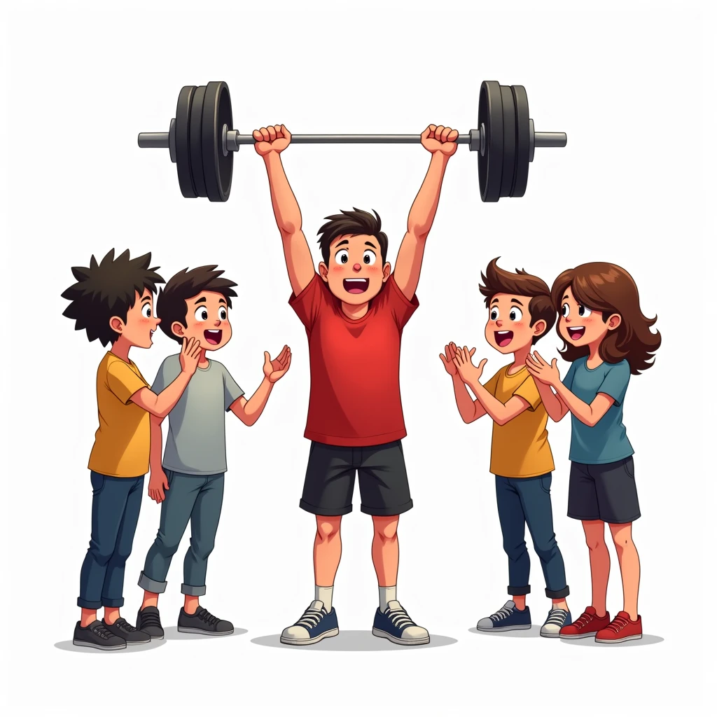 chibi manga art style, best quality, masterpiece, full body image of 25 year old man, wearing red tshirt and black shorts, (lifts barbell), four adult friends cheering him on, perfect fingers, perfect hands, perfect face, perfection, white background