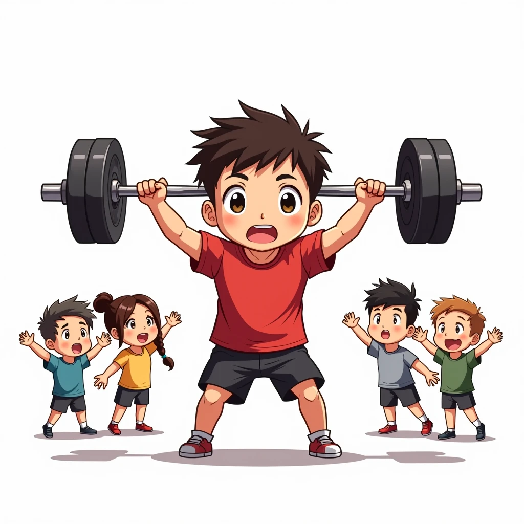 chibi manga art style, best quality, masterpiece, full body image of 25 year old man wearing red tshirt and black shorts, (lifts barbell), four friends cheering beside him, perfect fingers, perfect hands, perfect face, perfection, white background
