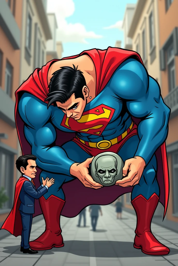 Create a cartoon of Super M bending over without strength with Pablo Marçal&#39;s face with M on his chest and with Guilherme Boulos showing kryptonite in the shape of Alexandre de Moraes 
