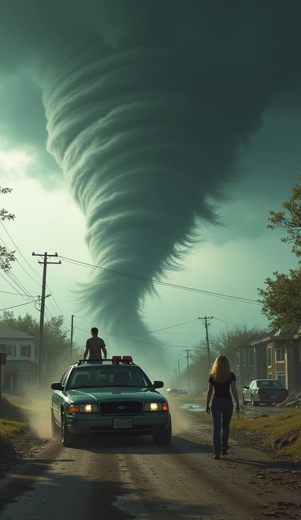 Big tornado chasers Glenn Powell Daisy Edgar-Jones, car, town, destroyed, terrible situation