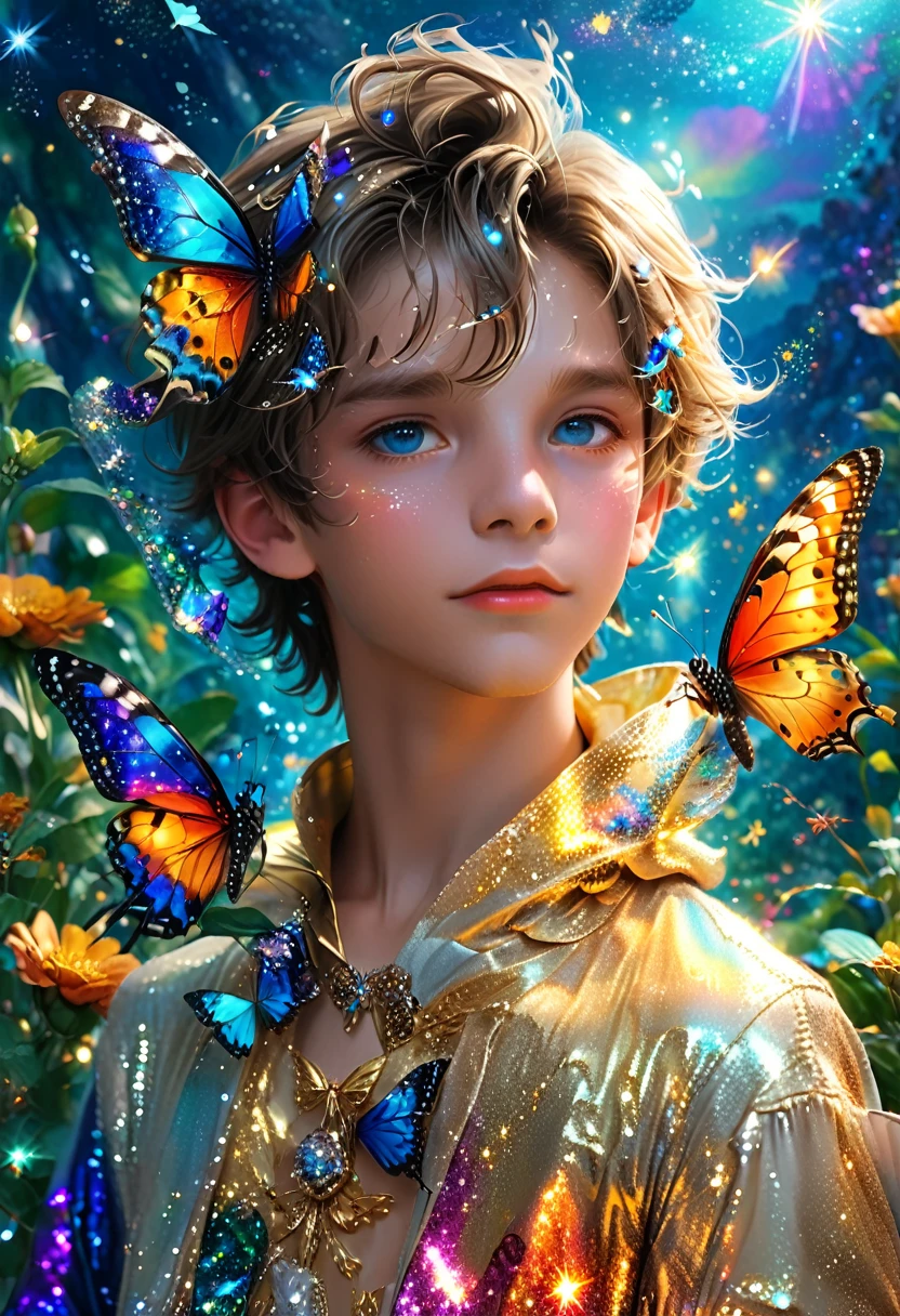 A surprisingly handsome boy in a dream world , fantasy and adventure ! Very bright sparkling colors ! There is a beautiful butterfly sitting on the nose !