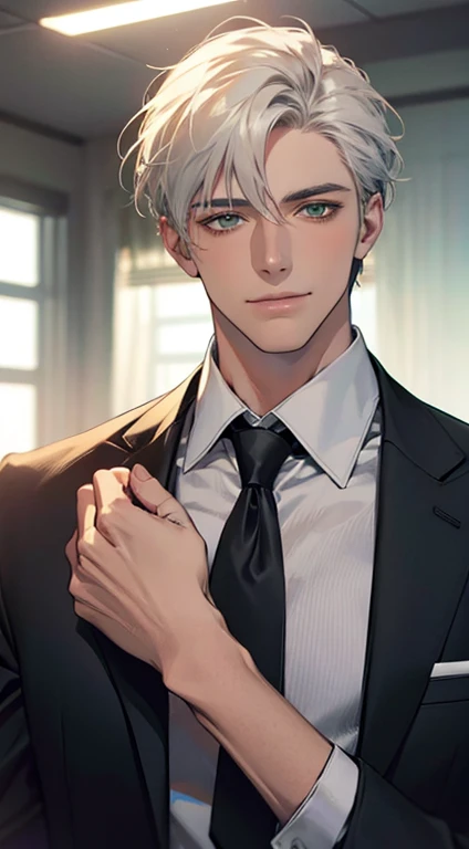 (Highest quality,4K,8K,High resolution,masterpiece:1.2),Super detailed,(Realistic,photoRealistic,photo-Realistic:1.37),1 personld,Mature Men,Beautiful skin、very handsome,Expressionless smile in love,Short white hair,green eyes,Sharp Eyes,A perfect face without a doubt,Businessman, CEO, Office Background,Cinema Lighting,HDR image,tie、