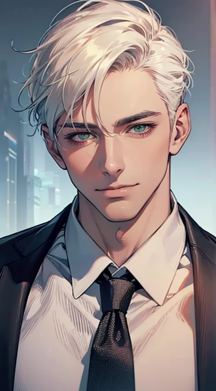 (Highest quality,4K,8K,High resolution,masterpiece:1.2),Super detailed,(Realistic,photoRealistic,photo-Realistic:1.37),1 personld,Mature Men,Beautiful skin、very handsome,Expressionless smile in love,Short white hair,green eyes,Sharp Eyes,A perfect face without a doubt,Businessman, CEO, Office Background,Cinema Lighting,HDR image,tie、