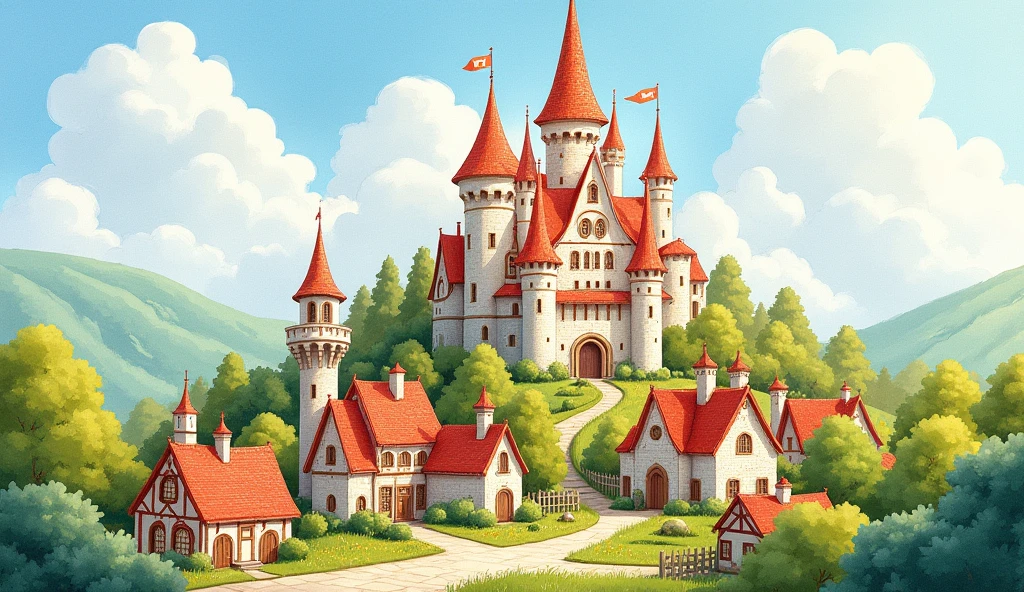 watercolor, children's storybook illustration, a castle surrounded by a village, houses, cottages, buildings, towers, clouds, colorful, vibrant warm colors, bright, ((masterpiece)), ((best quality)), 8k, intricate detail, high resolution, highly detailed environment, perfect architecture.