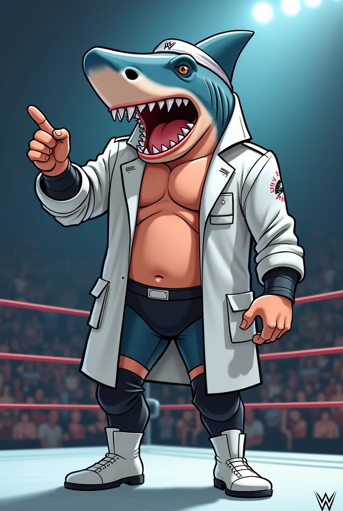 Cartoon megalodon dressed as WWE wrestler the Miz.
Megalodon head. Megalodon body. Megalodon arms. Megalodon hands. Megalodon legs. Skinny body

Blond flat top. White trenchcoat with black accents. Black kneepads. White wrestling boots. White bandana. Black shades. Pointing finger