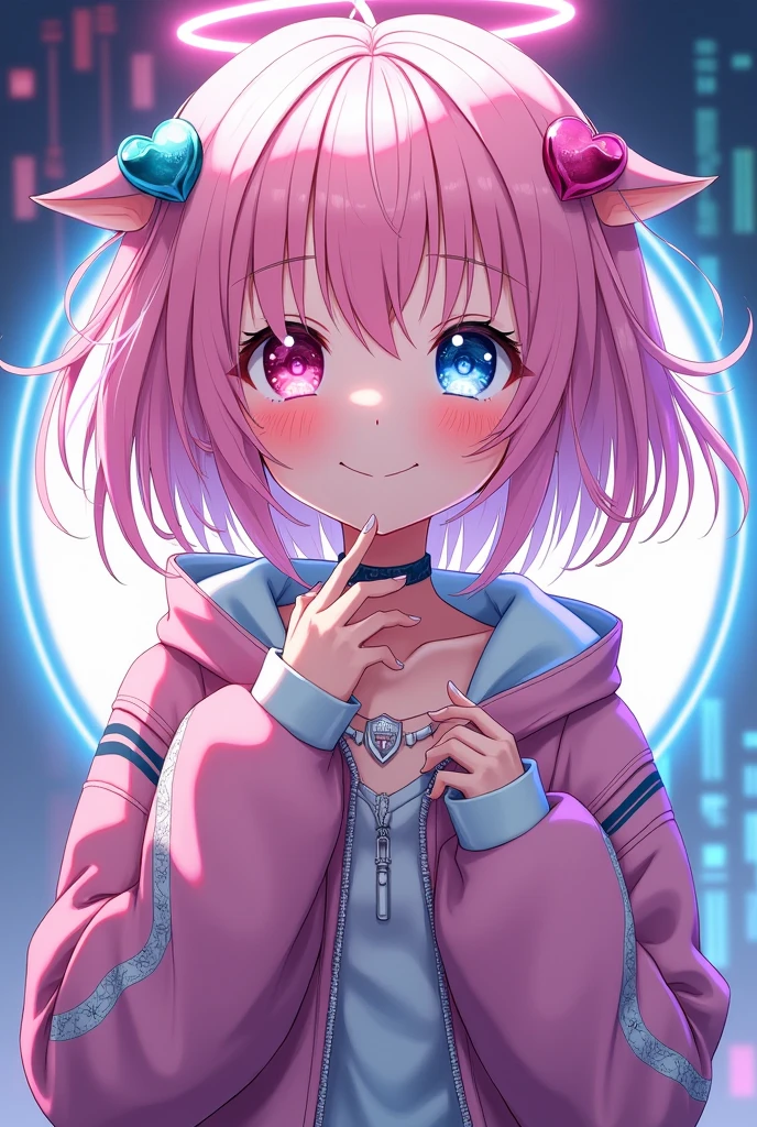 Anime human girl, a young girl with a halo like the moon, light pink hair, two eyes with different colors, pink and blue, her outfit is cyber style but modern, she has a cheerful smile.
