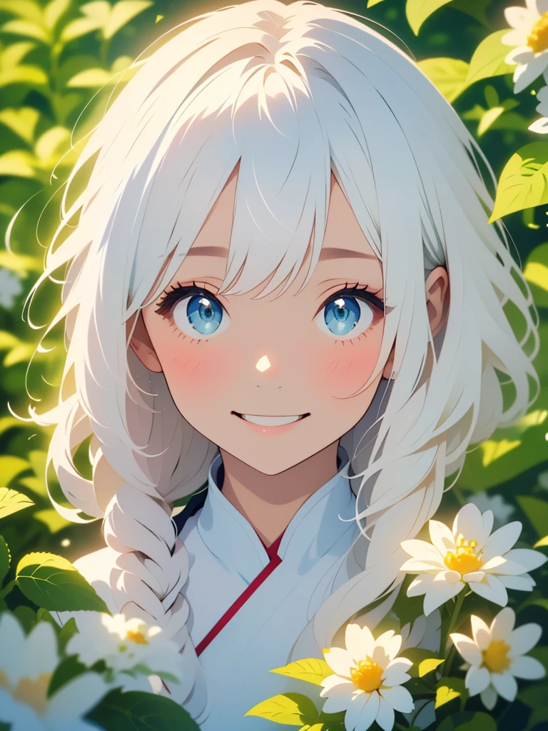 (masterpiece、highest quality、highest quality、Beautiful and beautiful:1.2)、(Good anatomy:1.5)、Painting of a girl with milky white straight hair、Shy smile、Sparkling Eyes、looking at the camera、Emerging from among the flowers and leaves、Suzuran