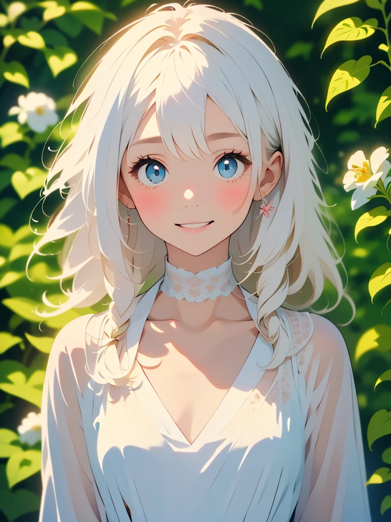 (masterpiece、highest quality、highest quality、Beautiful and beautiful:1.2)、(Good anatomy:1.5)、Painting of a girl with milky white straight hair、Shy smile、Sparkling Eyes、looking at the camera、Emerging from among the flowers and leaves、Suzuran