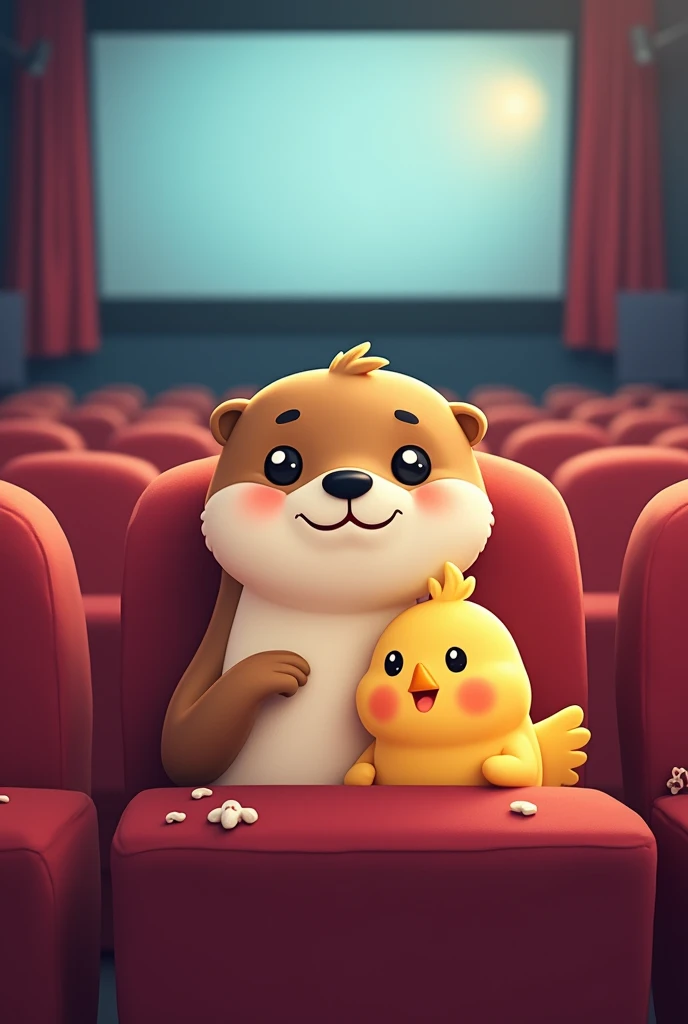 An otter and a chick in the cinema and drawn in 2d as simple emojis