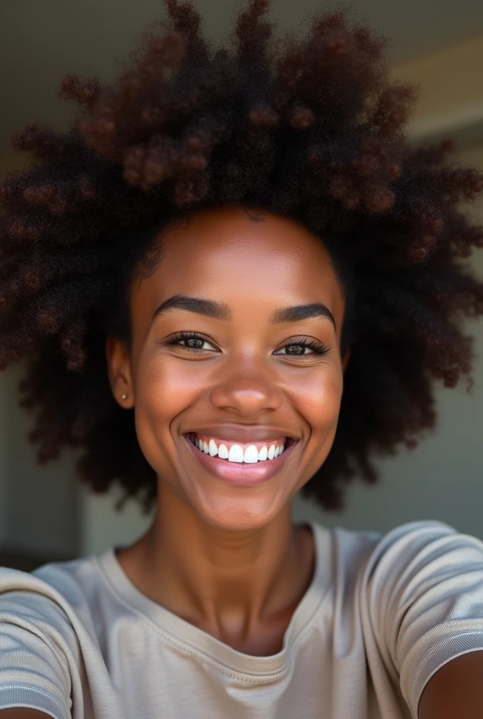 IPHONE SELFIE OF A BLACK AMERICAN WOMAN WITH A BRUNETTE AFRO, SNAPCHAT PHOTO,2018 CASUAL OUTFIT
