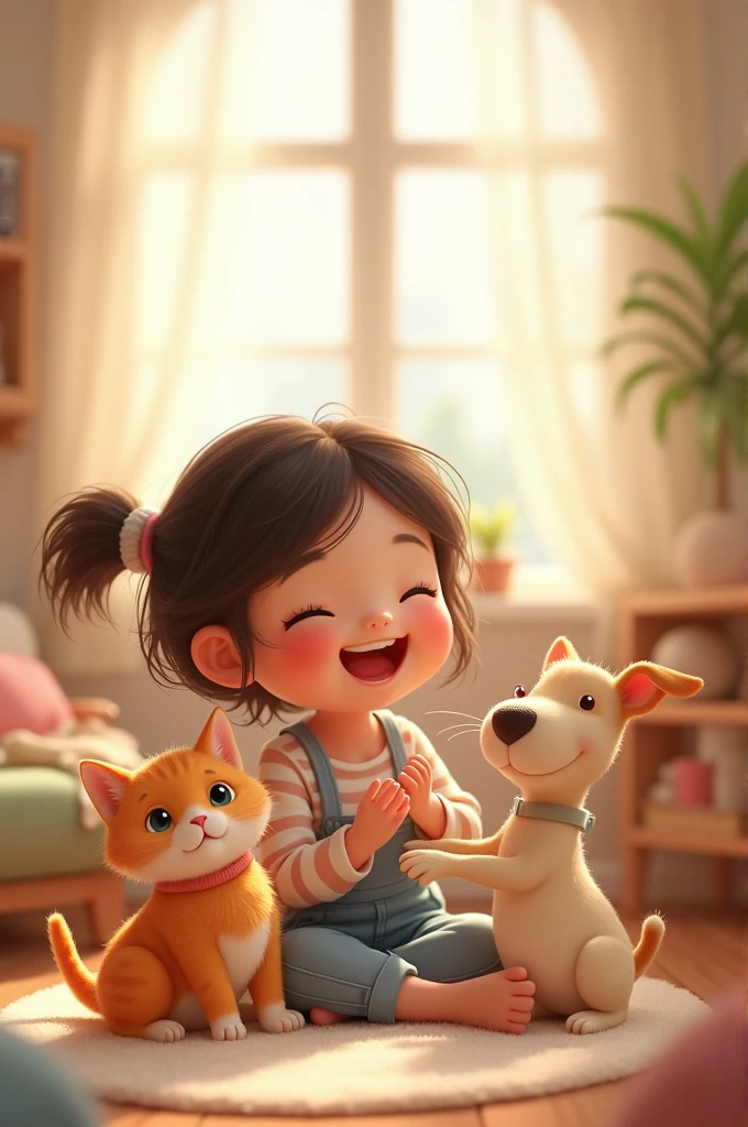 A girl playing with her cat and dog