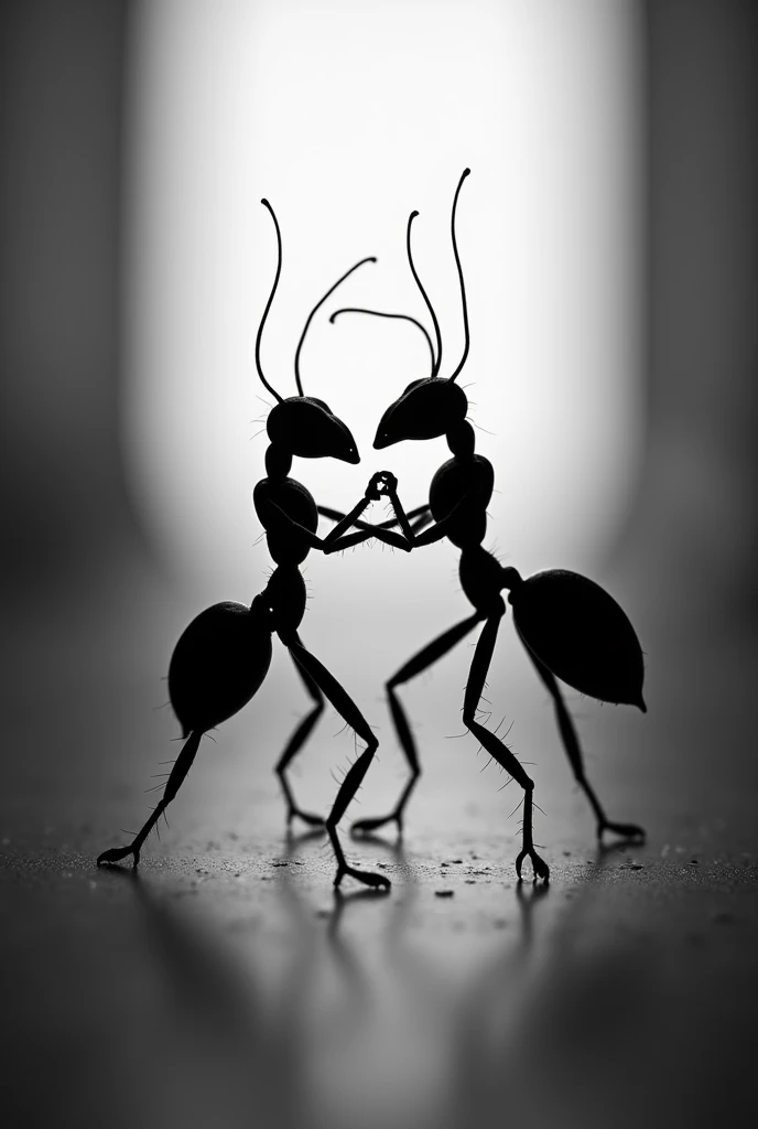 Create a black and white image showing ants dancing the tango. The image must be taken against the light, so that the shadows and profiles of the ants stand out very clearly. The ants must be in a dance position, Capturing the movement and grace of tango, with its antennae and legs in elegant positions. Make sure the image has a high level of detail, especially in the texture of the ants and the projected shadows. The backlight should be diffuse and soft., creating a dramatic effect that accentuates the silhouette and shape of the moving ants. The overall atmosphere should be evocative and artistic., with a focus on contrast accuracy.