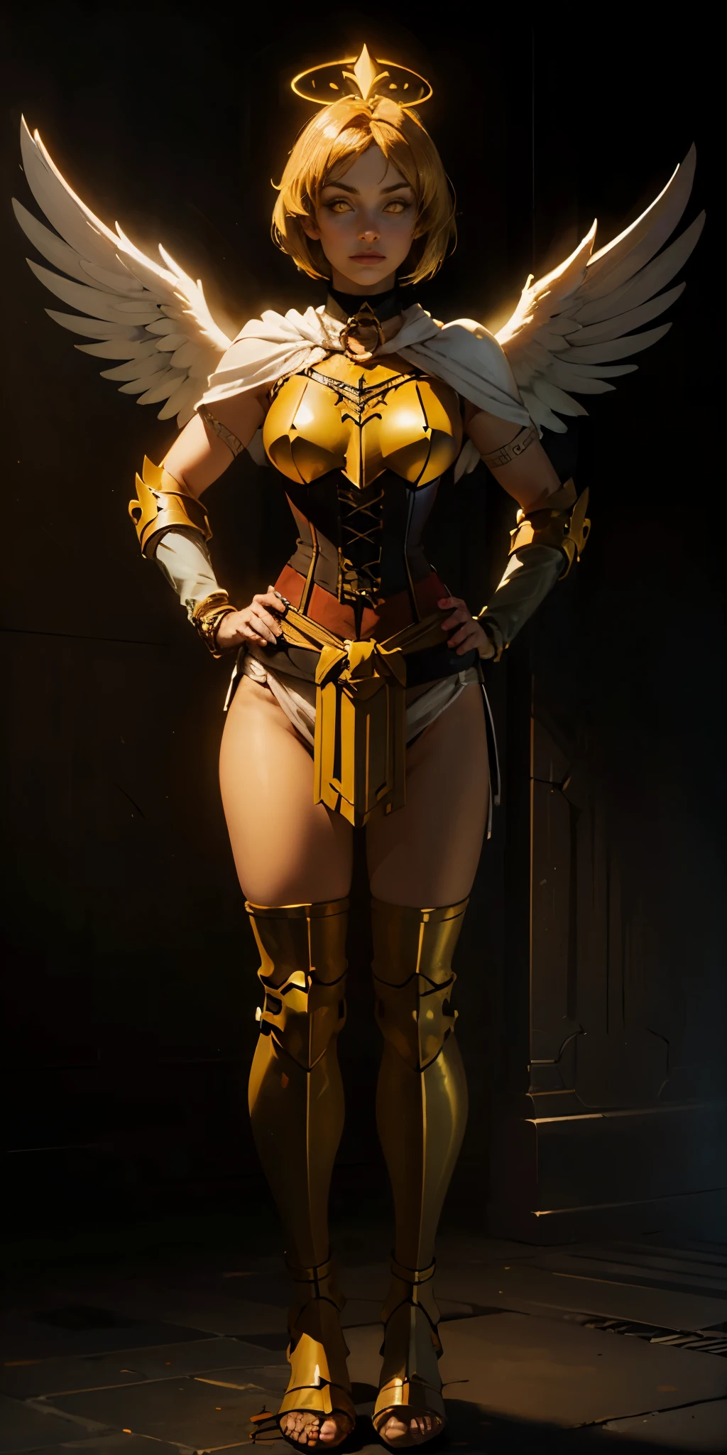 (Black background) paladin lady in ornate golden armor, black collar, pauldrons, breastplate, leather corset, glowing halo, short bob hair style, yellow glowing eyes, bright pupils, eye focus, red cape (full body, whole body, 1solo girl) slave fighter, loincloth standing, hands on hips, metal sandals, leather choker, big belt, view from below, feet together, bracers, tiara) feathers angel wings
