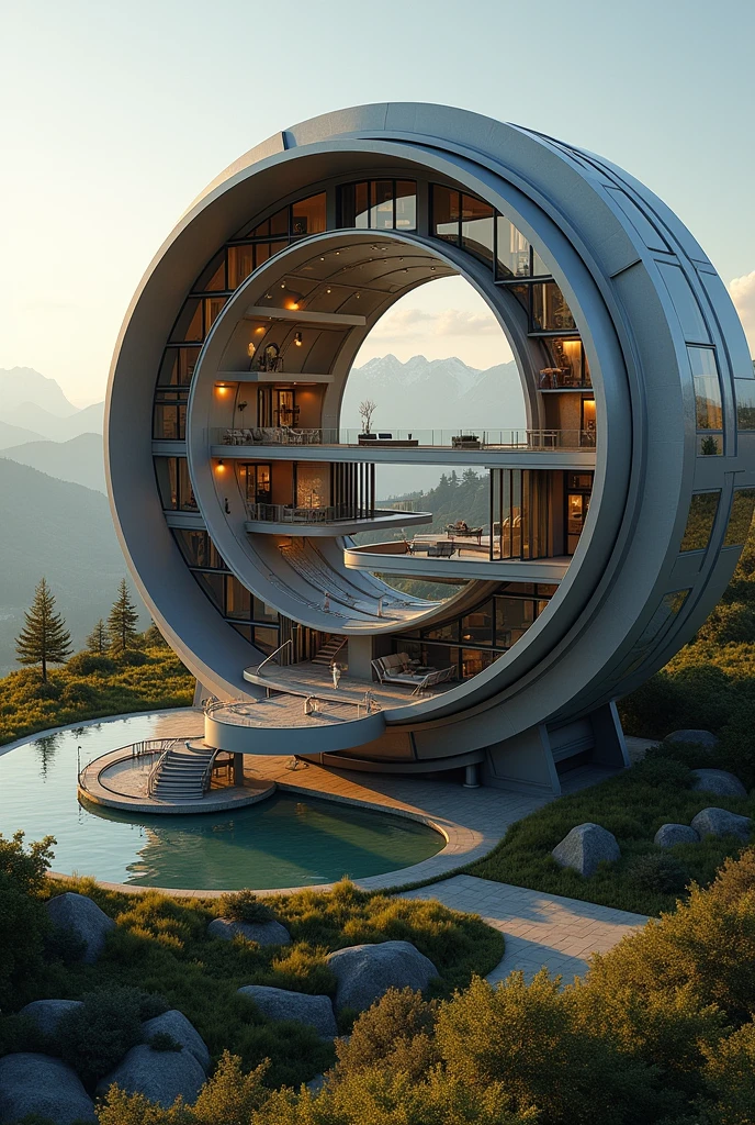 A two-story house that has stairs but is shaped like a clock, that is large, that the house has a circular structure like a pocket watch., super advanced, as it would look from the inside?