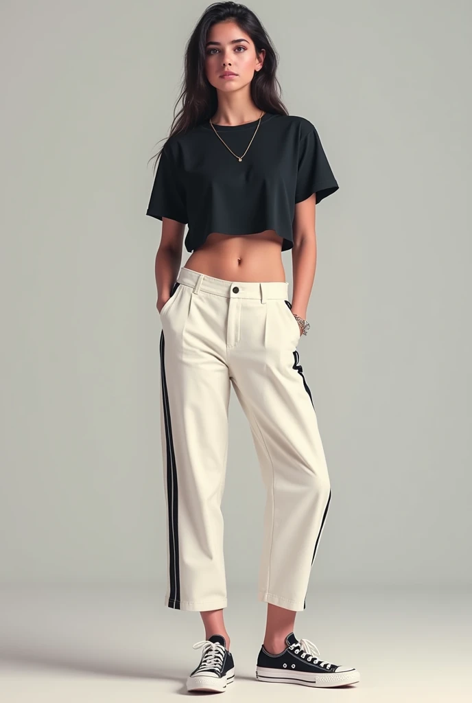 Make a girl wearing a black shirt, wearing a white with a veritical stripes all over the cropped pants, and a chuck taylor converse
