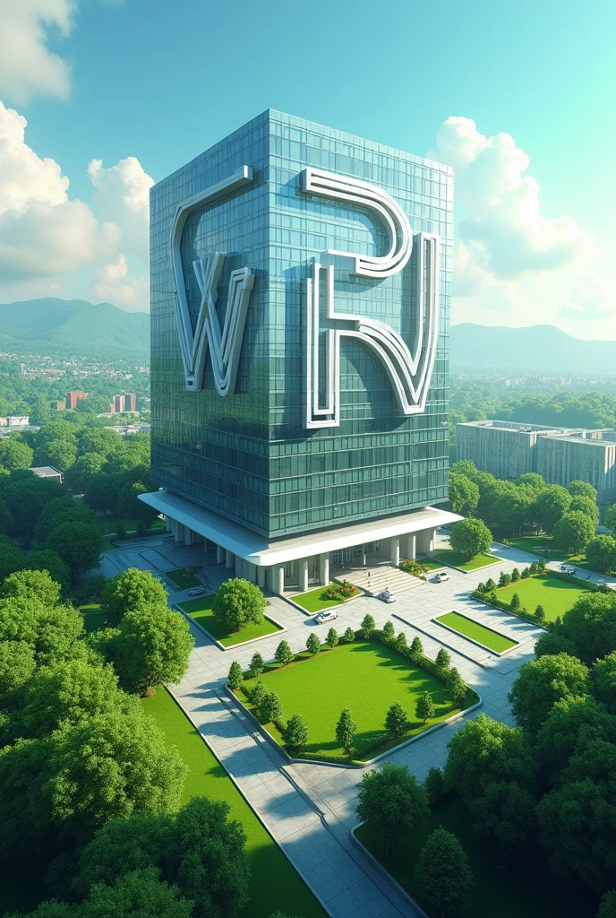 animated photo, of a company buildings , d The building that is very large and several in a green area and that has as its name the letter R and the letter W, separately or together 