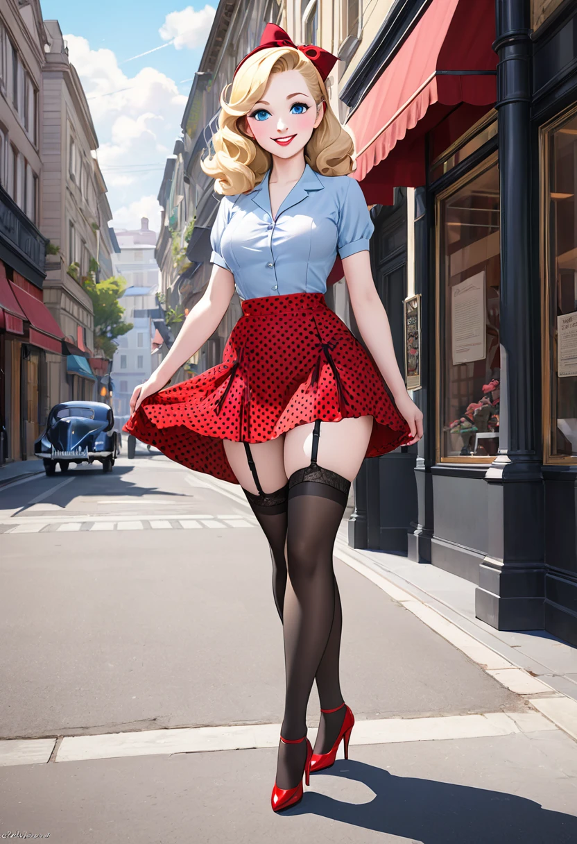masterpiece, 1940s hairstyle, stunning blonde woman with pale skin, blue eyes, smilling face, wearing polka dot skirt, black stockings with garter belt, red stilettos ,thick legs , big ass. She is walking