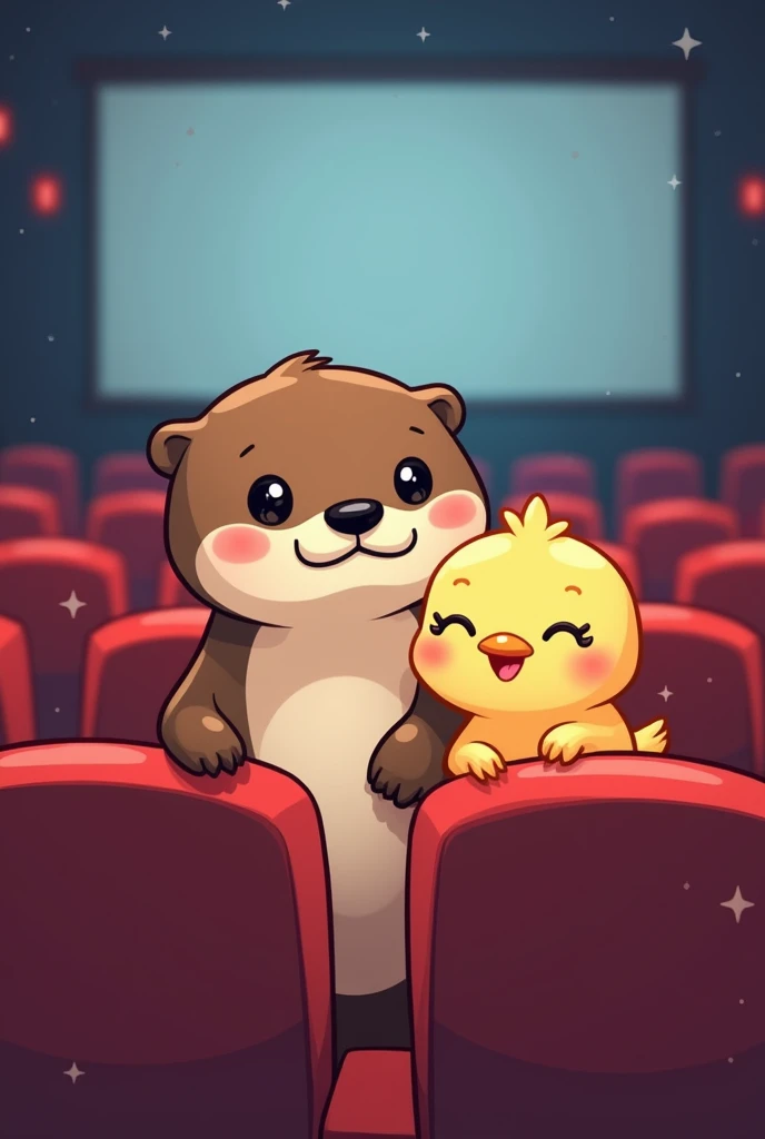 An otter and a chick in the cinema and drawn in 2d as simple emojis