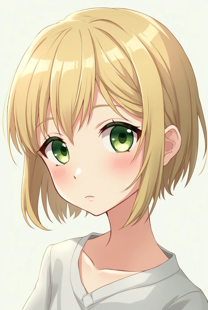 a white girl, thin-faced, pink lips, upturned nose and good profile, with green eyes, blonde eyebrows, short blonde hair, with few freckles and white streaks in her hair and with good facial symmetry, with a serious but cute face in anime form