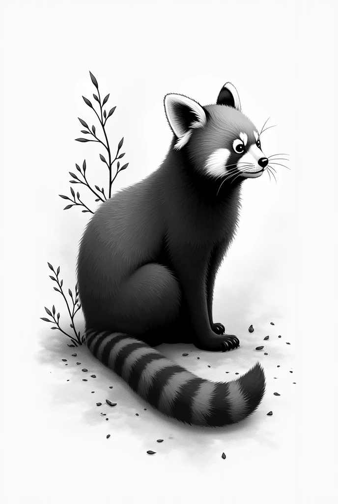 Make an illustration for a red panda tattoo, estilo Blake work, black andwhite, make it sideways showing the side of the body