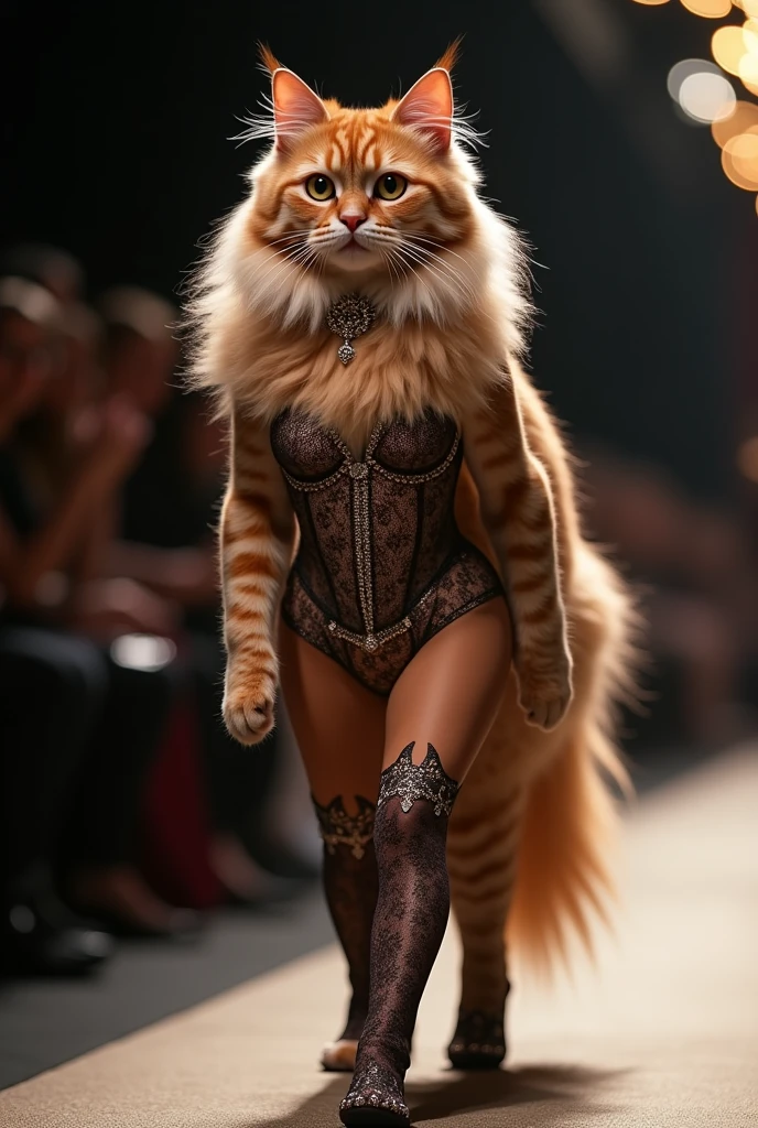 Anthropomorphic Persian cat model，Walking on the catwalk with noble and confident steps，It seems like every step is telling its own story.。Their eyes reveal the majesty and mystery unique to Persian cats.，Perfectly present fashion and luxury to the audience。

Underwear design：Inspired by the gorgeous and graceful temperament of Persian cats，The underwear is rich in colors and intricately decorated。You can choose noble purple in color、Gold or white，To show the nobility and elegance of Persian cats。The underwear is covered with exquisite lace、Embroidery and Beadwork，Mimics the dense fur and ornate collar of a Persian cat。The design focuses on showing the fullness and curves of women，Make underwear a work of art。

Stocking design：Use dark colors such as black or dark purple，The surface can have delicate jacquard or lace decoration，Simulate the layering and glossiness of Persian cat hair。The leg design can add some wavy or pleated elements，Add a sense of dynamism and luxury。The ankles can be decorated with delicate gemstones or metal fasteners，Echoing the gorgeous style of underwear。

