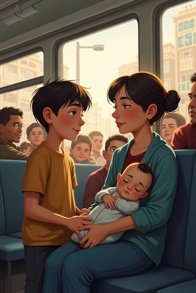 illustration. 8 year old boy giving up his seat to a lady with a baby on the bus.