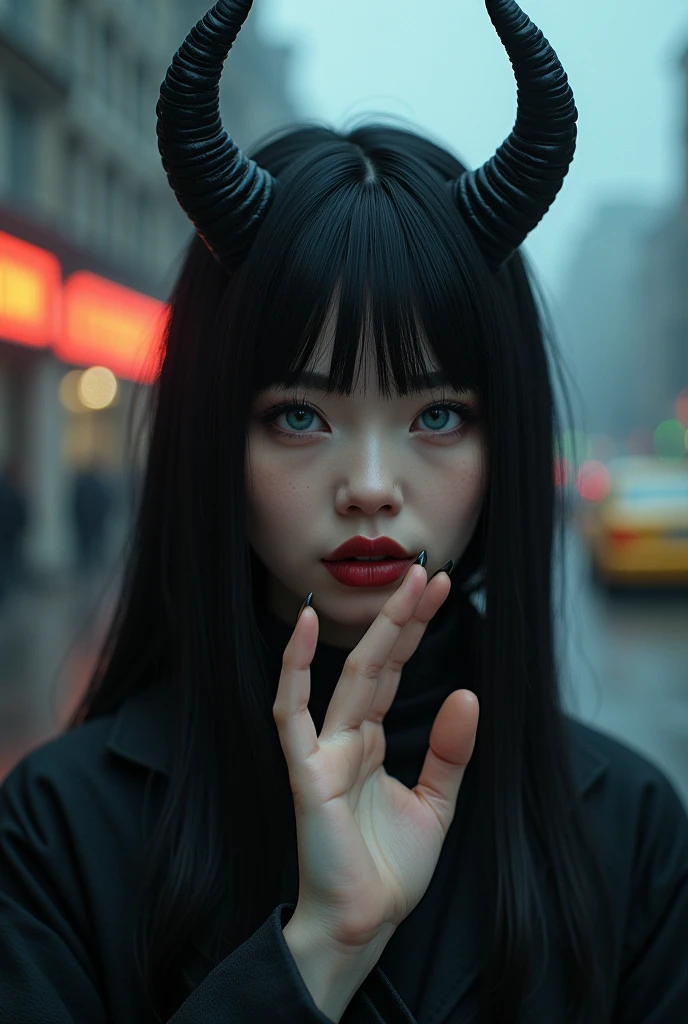 ((Highest quality)), ((masterpiece)), (detailed:1.4), Ray Tracing,NVIDIA,Super Resolution,Unreal 5,Scattered beneath the surface,PBR Texturing,Post-processing,Anisotropic Filtering,Depth of written boundary,Maximum clarity and sharpness,Multilayer Texture,,Woman with straight black hair, Natural blue eyes and pale skin, Lips open、Painted wine red, Medium black horny hair, Hand making a silence gesture, Urban style