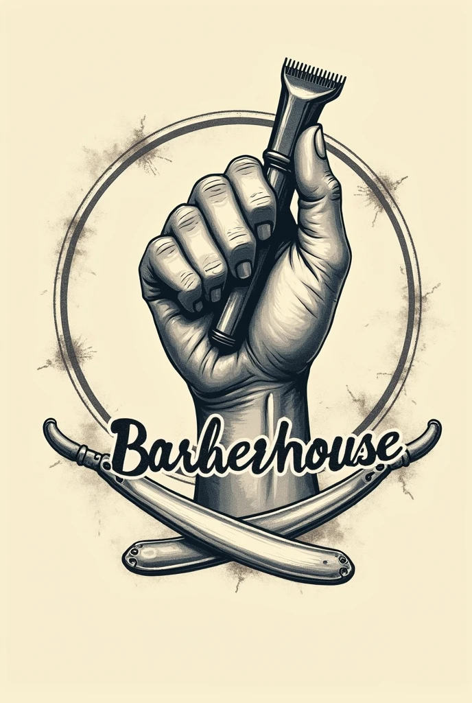 Old School Logo with a Hand Holding a Hair Clipper, under the hand an open razor and between them the name of the barber shop called BarberHouse 