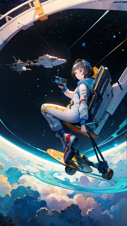 (((masterpiece))), (((Highest quality))), ((Very detailed)), (Highly detailed CG illustrations), ((Very delicate and beautiful)),(From the side),Cinematic Light,A girl climbs into the cockpit、Black Hair、long、Boarding a small spaceship，In the cockpit，Starry Sky, Big Clouds,colored glaze,Golden Universe，Space Station、Preparing for takeoff、Spacesuit、Aiming for Andromeda、Toa Heavy Industries decals、Lonely smile，A cable connects the body to a small spacecraft、Close the hatch，Complex Instrumentation