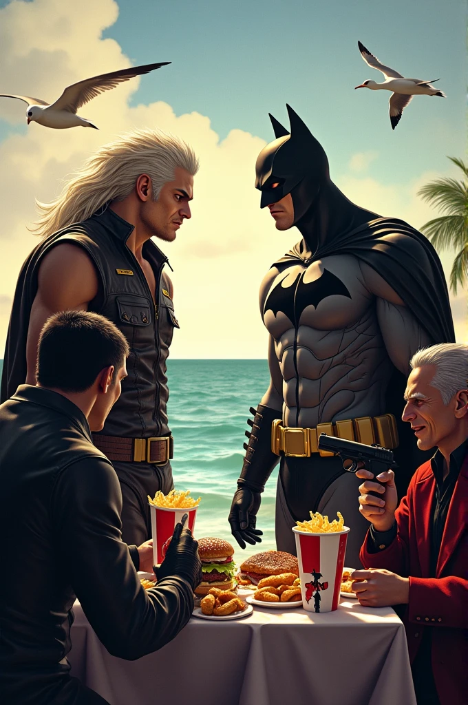 Sol bad guy of guity gear with batman eating kfc in the sea with dante of devil my cry