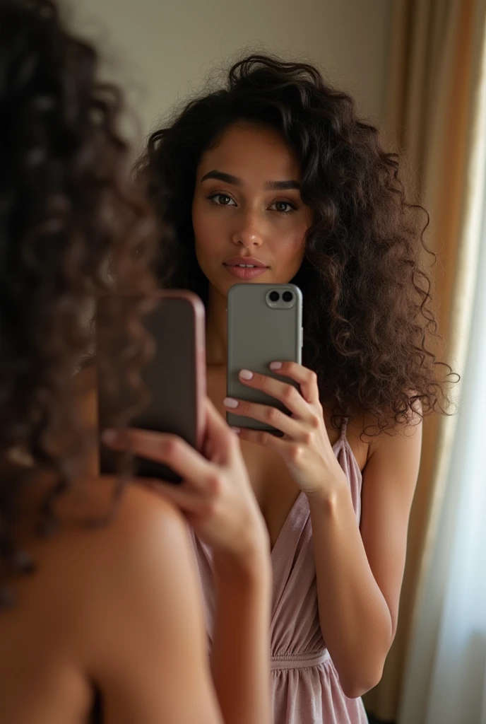 Brunette with curly hair wearing a dress and taking a selfie in the mirror with her cell phone With perfect hands and totally normal nails 