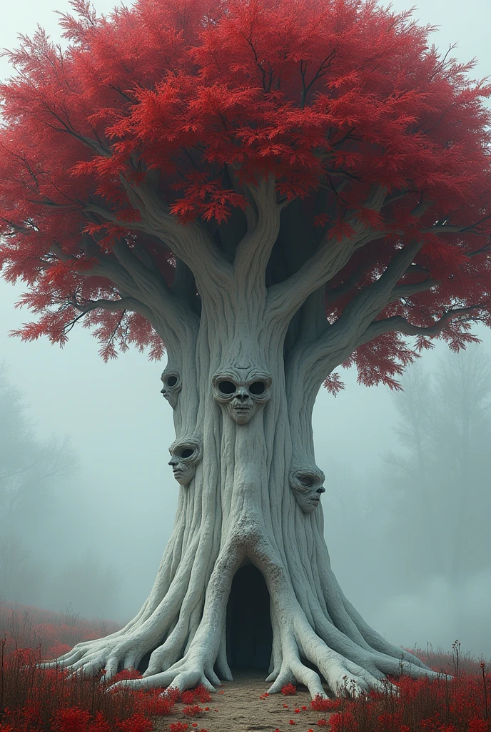 The leaves of the weirwoods have five points and are blood red., while the bark and wood are white. Most weirwoods have faces carved into their trunks.