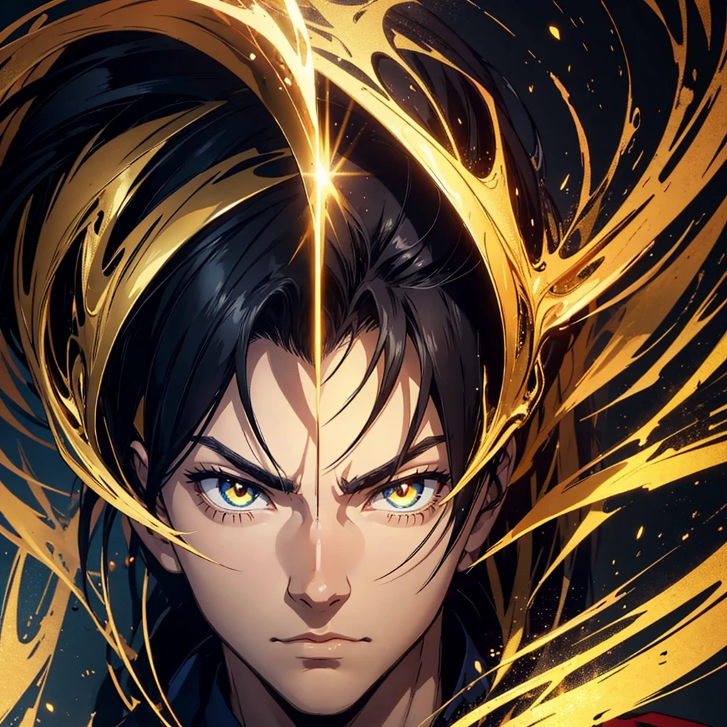 Profile photo of a man but with a golden background and intimidating eyes anime