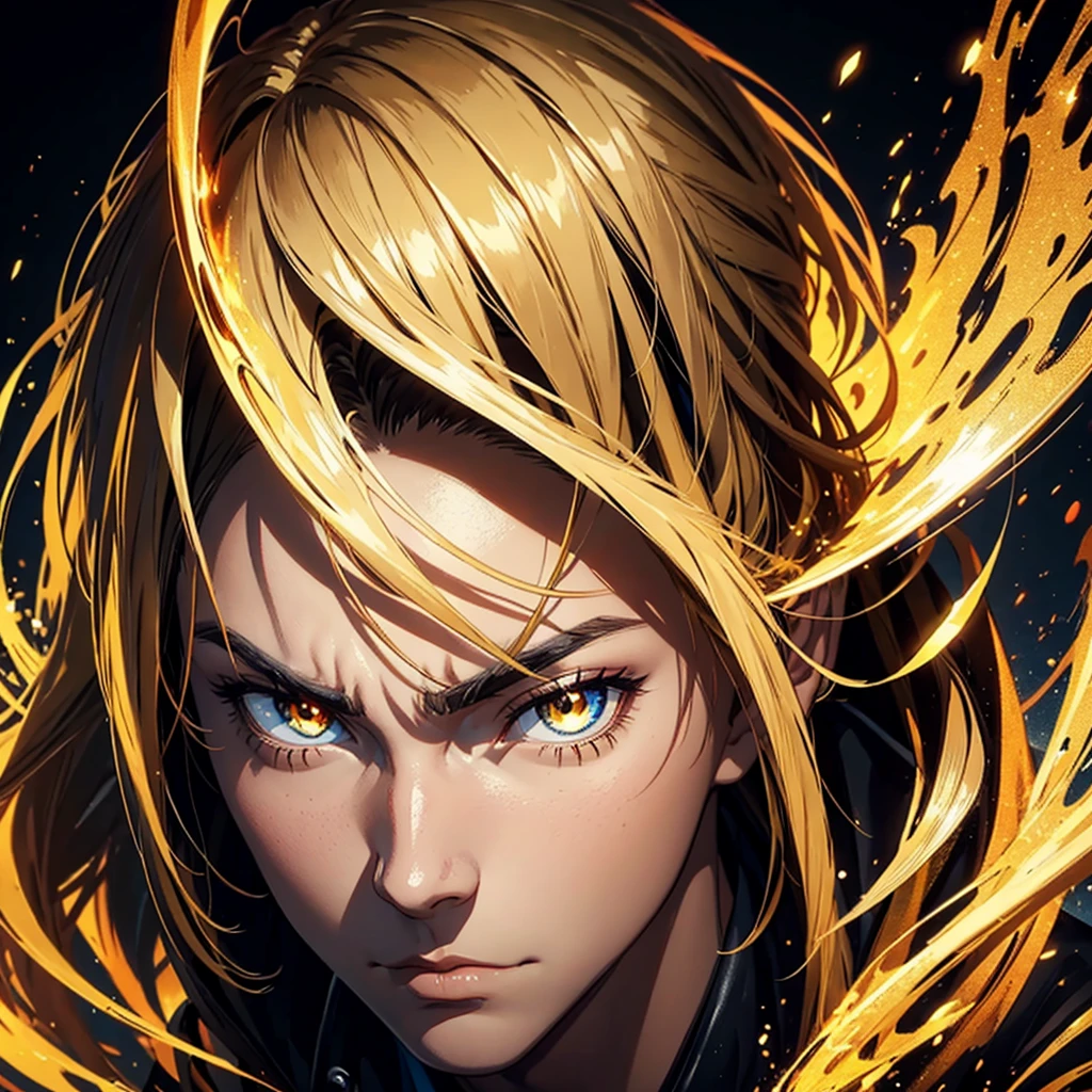 Profile photo of a man but with a golden background and intimidating eyes anime
