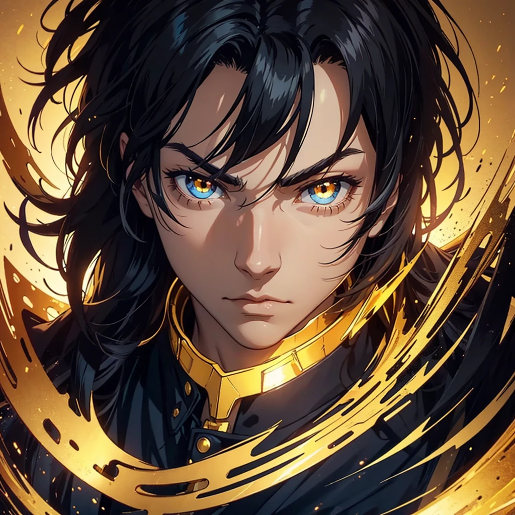 Profile photo of a man but with a golden background and intimidating eyes anime