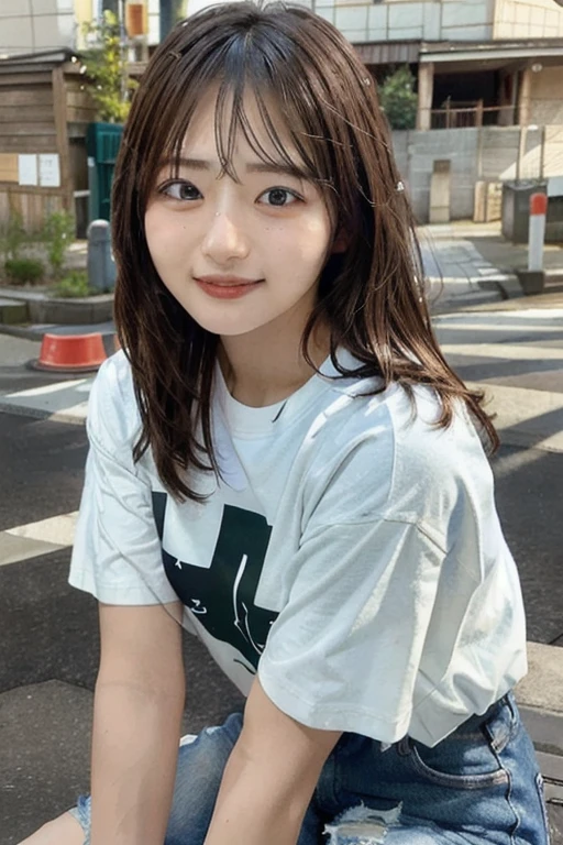 (skin blemish:0.8), (skindentation), black eye, 1woman, 25yo, (((woman))), solo, realistic, best quality, photorealistic, masterpiece, 8k, high res, solo, extremely detailed face, (professional lighting, bokeh), (light particles, lens flare, glowing particles:0.6), (dynamic pose:0.8), soft lighting, top angle view, fashionable and trendy atmosphere, Japan, tokyo, playground, street, city, shop, river, ((daytime)), sky, ((looking at the viewer:1)), (looking at the camera),(portrait:0.6), cowboy shot, gorgeous, sitting, hands down, keep original facial proportion, wide shoulder, full body, (medium breast), (long hair), brown hair, floating hair, lips, lipstick, seductive smile, floating hair, smile, open_mouth, teeth, T-shirt, round neck T shirt, shorts, jeans, eyelashes, mole, (mole under eye:1),