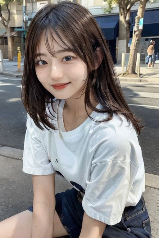 (skin blemish:0.8), (skindentation), black eye, 1woman, 25yo, (((woman))), solo, realistic, best quality, photorealistic, masterpiece, 8k, high res, solo, extremely detailed face, (professional lighting, bokeh), (light particles, lens flare, glowing particles:0.6), (dynamic pose:0.8), soft lighting, top angle view, fashionable and trendy atmosphere, Japan, tokyo, playground, street, city, shop, river, ((daytime)), sky, ((looking at the viewer:1)), (looking at the camera),(portrait:0.6), cowboy shot, gorgeous, sitting, hands down, keep original facial proportion, wide shoulder, full body, (medium breast), (long hair), brown hair, floating hair, lips, lipstick, seductive smile, floating hair, smile, open_mouth, teeth, T-shirt, round neck T shirt, shorts, jeans, eyelashes, mole, (mole under eye:1),