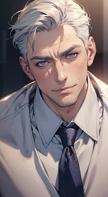 (best quality,4k,8k,highres,masterpiece:1.2),ultra-detailed,(realistic,photorealistic,photo-realistic:1.37),1 man,3,mature man,very handsome,without expression,smile,short grey white hair,blue eyes,penetrating gaze,perfect face without errors,imposing posture,businessman,office background,cinematic lighting,hdr image